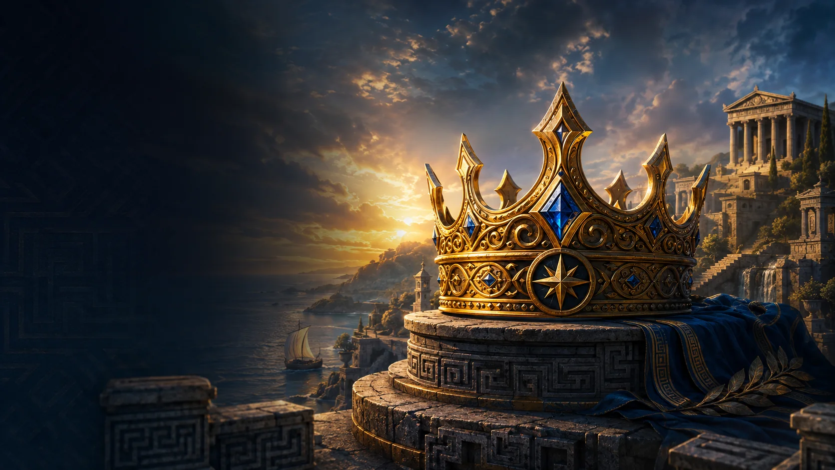 Crown of Ithaca mythic crown and coastal temple artwork